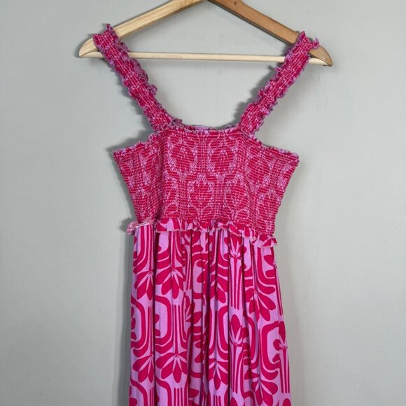 Entro Patterned Smocked Wide Leg Jumpsuit Women's Medium Pink Purple Comfy Boho - Picture 7 of 16